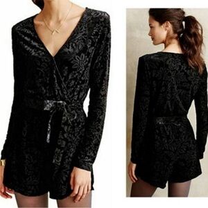 Saylor Burnout Velvet Romper Black Anthro V-Neck XS